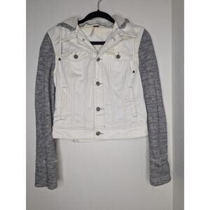 Free People VTG White Distressed Denim Jacket Grey Knit S